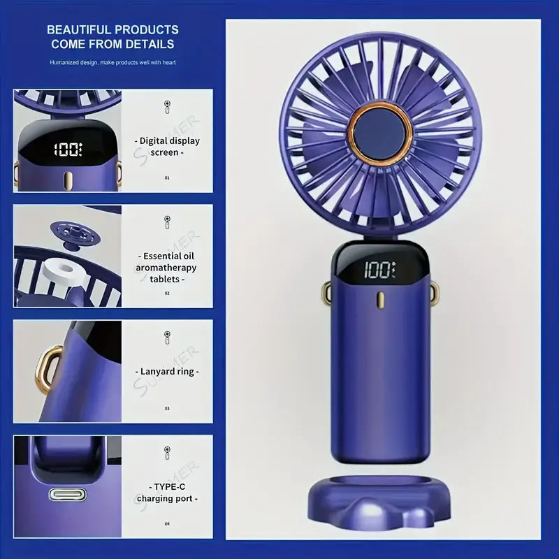 Ventilador Portátil con Soporte para Celular y Pantalla LED – Recargable y Plegable- Purple