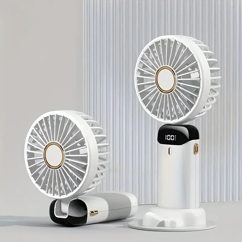 Ventilador Portátil con Soporte para Celular y Pantalla LED – Recargable y Plegable- White.