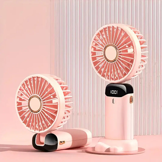 Ventilador Portátil con Soporte para Celular y Pantalla LED – Recargable y Plegable-Pink.
