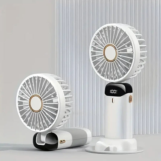 Ventilador Portátil con Soporte para Celular y Pantalla LED – Recargable y Plegable- White.