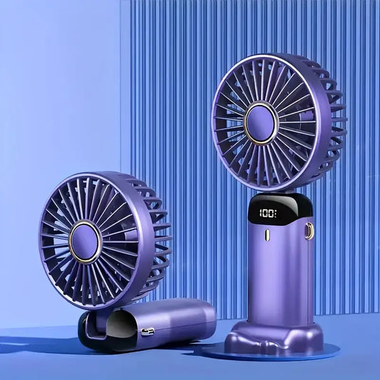 Ventilador Portátil con Soporte para Celular y Pantalla LED – Recargable y Plegable- Purple